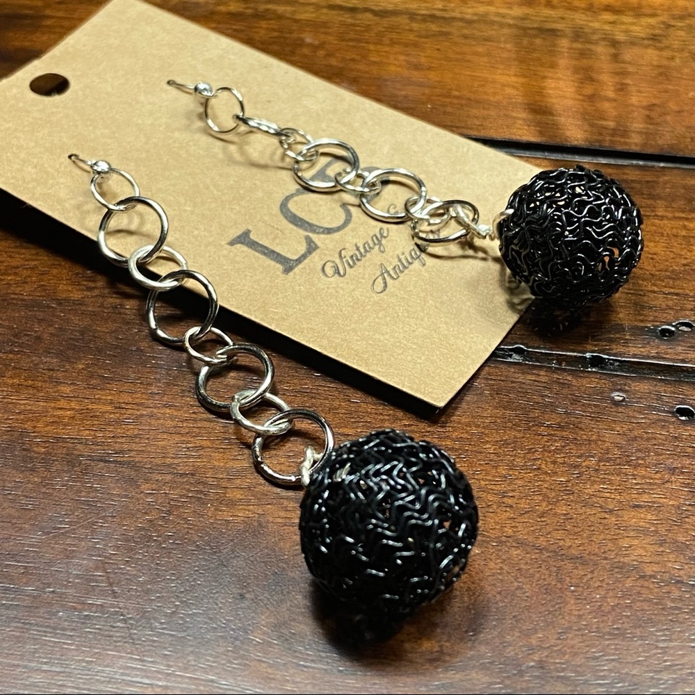 Black Woven Chain Link Ball Extra Long Bohemian Boho Gypsy Drop Earrings